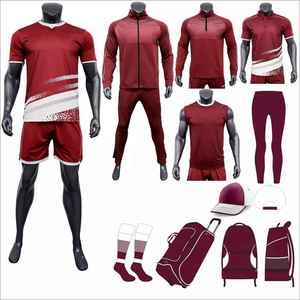 Ensemble de tenue de football rouge pour homme toutes saisons, anti-humidité, avec maillot, short, pantalon, chaussettes, casquette et sac à dos sublimés – Vêtements de sport - Product Image 1