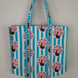 Bolso tote de algodón acolchado con estampado artesanal indio para mujer, bolsos de hombro de algodón acolchado con estampado de bloques para primavera, verano, viajes, para mujer y niña - Product Image 1