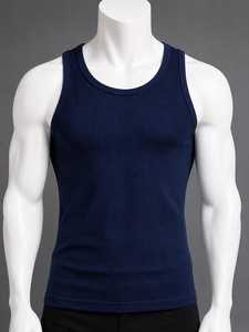 Men's Breathable Ribbed 100% Cotton Gym Tank <b>Top</b> O-Neck Casual Knitted Solid Color 220g - Product Image 4