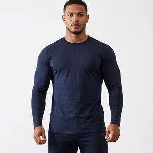 <b>Men's</b> Long Sleeve O-Neck Quick Dry Sporty T-<b>Shirt</b> Slim Fit Solid <b>Navy</b> <b>Blue</b> Knitted 100% Polyester - Product Image 5