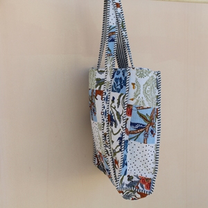 Elegant Blue Floral <b>Patchwork</b> Quilted 100% Cotton Long Handle Lightweight Tote <b>Bag</b> for Travel & Shopping - Product Image 4
