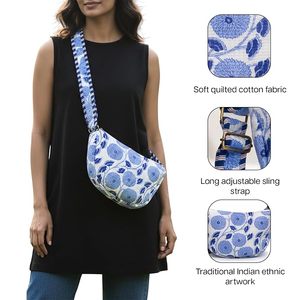 Bolso Bandolera Acolchado Azul con Estampado de Paisaje, Hecho a Mano, de Algodón, Estilo Boho, Ecológico, Multifuncional, para Viaje - Product Image 4