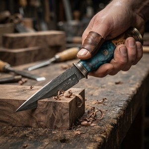 Couteau de chasse artisanal en acier Damas, lame fixe en acier à motifs, manche en bois DIY, OEM, haut de gamme, pour activités de plein air et bushcraft, entièrement forgé à la main - Product Image 4