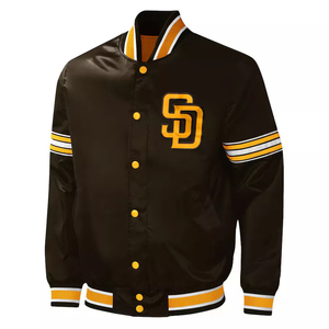 Blouson bomber en satin de soie vert brillant de haute qualité pour hommes, design personnalisé, fermeture à boutons pression style baseball, avec bordures côtelées. - Product Image 1
