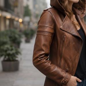 Manteau long à capuche en cuir souple pour femme, veste d'hiver, vêtement d'extérieur, style moderne et décontracté, veste en cuir tendance pour femme - Product Image 3