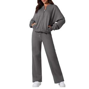 Premium Quality 100%Cotton Style Color Women's <b>Tracksuits</b> Grey Solid Color <b>Plain</b> Oversized Zipper Two Piece <b>Tracksuit</b> for Ladies - Product Image 1