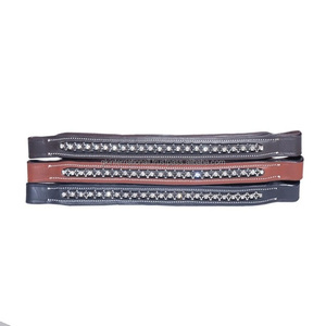 Banda de ceja de caballo acolchada de cuero de sillín inglés negro y marrón Habana con cristales decorativos pedrería mega Bling - Product Image 2