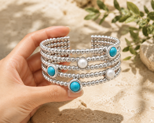 Bracelet en argent sterling 925 turquoise - Manchette à plusieurs rangs de perles avec perles - Product Image 4
