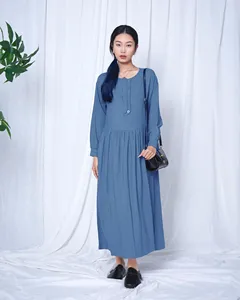 Vestido Maxi Bohemio Azul Cielo con Cuello Redondo, de Algodón y Lino, Manga Larga, Corte Holgado, Botones al Frente, Vestido Maxi Casual de Verano - Product Image 1