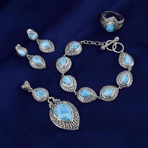Ensemble de 4 bijoux en pierre de larimar en forme de larme : bague, pendentif, boucles d'oreilles, bracelet, bijoux en pierres précieuses naturelles en argent sterling 925 - Product Image 1