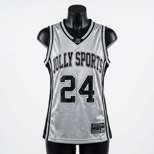 Women Basketball Jersey 180 GSM Premium Polyester Silver Black Side Panels Custom Tackle Twill Logo Basketball Jersey Breathable - Product Image 1