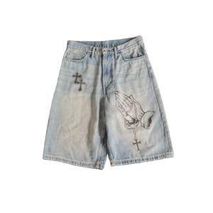 Pantalones Cortos Vaqueros Distressed Vintage Personalizados con Lavado, Transpirables, Estilo Patchwork, Streetwear, Largura hasta la Rodilla, Estampado DTG, Holgados - Product Image 5