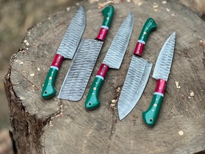Custom Handmade Five-Piece Chef <b>Set</b> in Damascus Steel with Resin Handles Durable & <b>Sharp</b> Blades Ambidextrous Design Leather Bag - Product Image 4