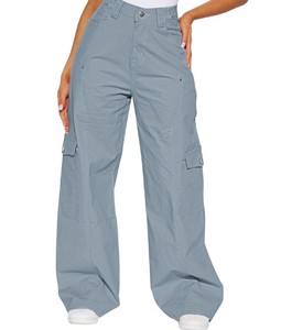 Pantalon cargo décontracté en toile 100 % coton de haute qualité pour femme, coupe droite, taille haute, six poches, respirant et coupe-vent pour l'automne - Product Image 5