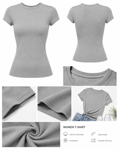 เสื้อยืดคอกลมสีเทาสำหรับผู้หญิง ทรงเข้ารูป แขนสั้น สีพื้น สวมใส่สบาย ระบายอากาศได้ดี - Product Image 4