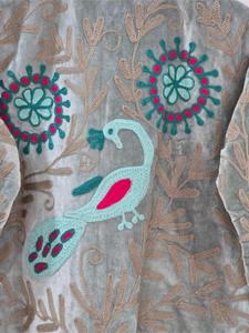 Luxury Artisan Grey <b>Velvet</b> Embroidered <b>Jacket</b> With Floral & Peacock pattern Full Sleeve Stand Collar Bohemian Women Autumn Coat - Product Image 5