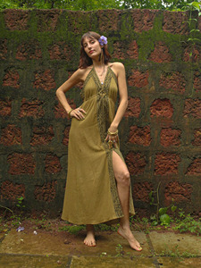Vestido Halter Boho Hecho a Mano, Vestido Largo de Algodón con Estampado de Bloques Vintage, Vestido Artesanal con Estampado Geométrico en Tonos Tierra Marrones - Product Image 6