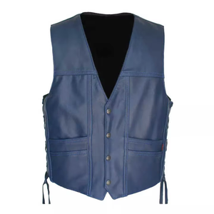 Gilet de motard respirant en polyester/coton bleu pour homme avec col en V, boutons sur le devant et poches latérales, idéal pour l'extérieur en été, vêtement d'extérieur robuste - Product Image 2