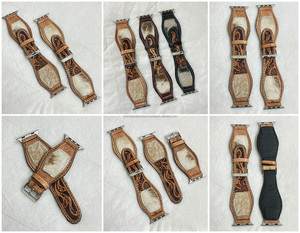 Bracelets de montre rustiques en cuir de vachette véritable usiné à la main avec compatibilité d'accents capillaires avec outillage floral pour un style occidental audacieux - Product Image 3