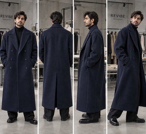 Manteau long en laine bleu marine surdimensionné pour homme, double boutonnage, maxi, hiver, fabrication sur mesure - Product Image 4