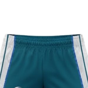 Shorts de netball unisexe sublimés bleu sarcelle et blanc en polyester, vêtements de sport légers pour équipes, avec empiècements latéraux, pour l'entraînement - Product Image 3