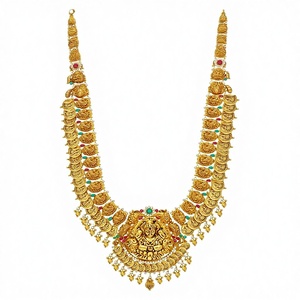 Collar Largo Kasu Mala Lakshmi de Oro Sólido 22K Hecho a Mano, Cadena de Monedas Nupcial Auténtica 916 con Sello de Orfebrería - Product Image 1