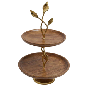 Support à gâteau en bois de luxe à 2 niveaux avec poignée en métal en forme de branche fleurie, en bois d'acacia artisanal, pour table d'hôtel - Product Image 4