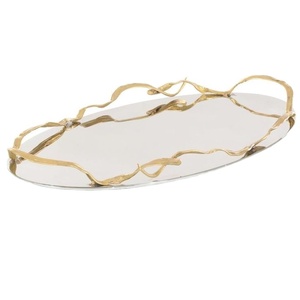 Bandeja decorativa con espejo ovalado con asas de vid doradas para servir elegante Ramadán Iftar y configuración de mesa - Product Image 1