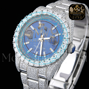 Montre de luxe pour homme Moissanite World Diamond Watch 42 mm en acier inoxydable, analogique à quartz, avec verre saphir et fermoir déployant - Product Image 4