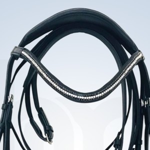 Brida de cuero negro premium personalizada para caballo, ancha, con doble acolchado de neopreno suave, cuero charol, frenteal con cristales ondulados, OEM - Product Image 4