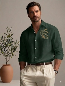 Men's GREEN Cotton Poplin Short Sleeve <b>Shirt</b> Turn-down Collar <b>Geometric</b> Print Casual Summer Wear Breathable Woven Fabric - Product Image 1