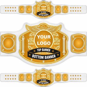 Ceinture de championnat de lutte personnalisée en cuir PU blanc avec plaque dorée et espace pour logo, fabrication artisanale sur mesure. - Product Image 1