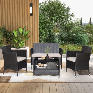 Conjunto de Muebles de Jardín de 4 Piezas con Cojines Suaves y Mesa con Superficie de Vidrio Templado para Jardín y Hotel - Product Image 2