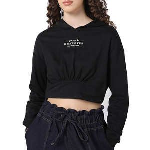 Sudadera Corta con Capucha para Mujer, Negra, Informal, de Manga Larga, de Algodón Suave, Estilo Urbano - Product Image 1