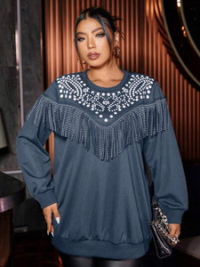 Teal Oversized Sweatshirt with <b>Rhinestone</b> Fringe Detail Western-Inspired Pullover Long Sleeve Embellished Streetwear Apparel - Product Image 5
