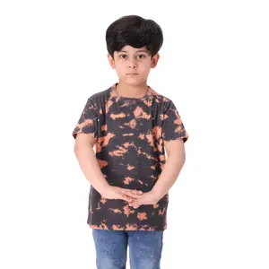 100% 년 뜨개질을 한 순수한 면 직물 일정한 길이 둥근 목 절반 소매 소년을 위한 주황색 동점 그리고 염료 T-셔츠