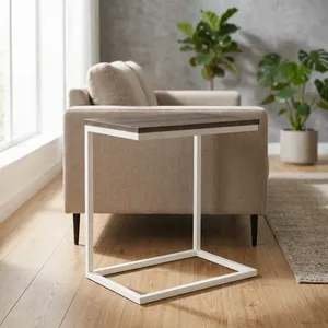 Modern Square Wooden <b>Side</b> <b>Table</b> with <b>White</b> Iron Frame Minimalist Industrial End <b>Table</b> for Living Room - Product Image 6