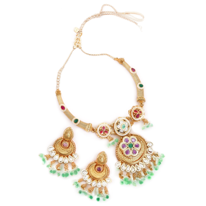 Premium Gold Plated Bridal Necklace and Earring <b>Set</b> with Imitation <b>Pearl</b> and Pota Stone - Product Image 2