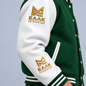 Men's Green Color Block Varsity Jacket <b>Gold</b> Embroidered Logo PU Leather Sleeve <b>Stand</b> Collar Snap Button Windproof <b>Coat</b> - Product Image 3