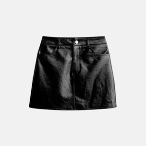 Mini-jupe en cuir véritable pour femme, style vintage, tissu satiné, détails brodés, poches, couleur unie, toutes saisons - Product Image 3
