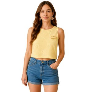 Top Corto con Bordado Floral en Amarillo Claro para Mujer, Chaleco de Verano sin Mangas de Algodón, Logotipo Personalizado, Ropa Casual de Moda Urbana - Product Image 1