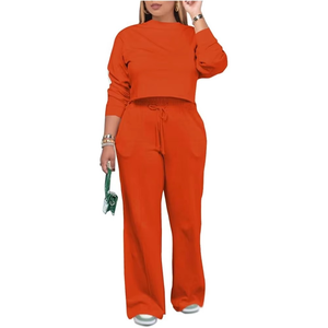 Conjunto Deportivo Naranja Talla Grande, Cuello Redondo, Manga Larga, Pantalones con Cordón, Corte Holgado Informal, 100% Algodón, Ropa de Otoño - Product Image 1