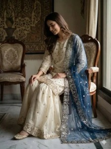 Conjunto de Salwar Kameez de Fiesta para Mujer, Diseño RICH LOOK, Top de Terciopelo Modal con Bordado de Hilo, Sharara y Dupatta, Color Azul Cielo - Product Image 2