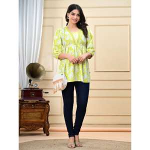 Kurta Informal de Verano para Mujer, Marca Aarti Fashion, con Estampado Floral, Tejida, Transpirable, Cuello Cuadrado, Cintura Imperio, para Uso Diario - Product Image 3