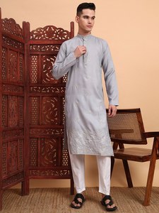 <b>Men</b> Cotton <b>Kurta</b> Embroidered Design Regular Fit Ankle-Length Traditional Indian Pakistani Casual Wear - Product Image 1