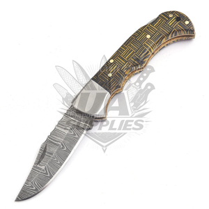 UA Supplies Hand Forged Damascus Steel Hunting Clip Point Folding <b>Knife</b> 0.5mm Mosaic Wood <b>Handle</b> Lockback Pocket EDC Industrial - Product Image 2