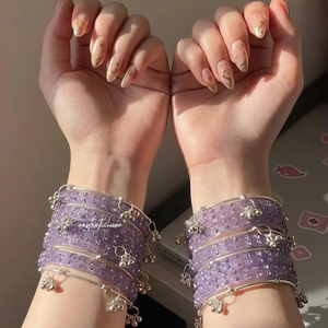 Colorful Stylish Vibrant Purple Silver Plated Trendy Geometric <b>Glass</b> Imitation Pearl <b>Bangles</b> Churiyan Set Women's Wedding Party - Product Image 2