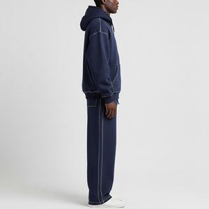 Ensemble de survêtement oversize unisexe en molleton épais avec sweat à capuche zippé et pantalon de survêtement à jambe large, surpiqûres contrastées, style streetwear - Product Image 4