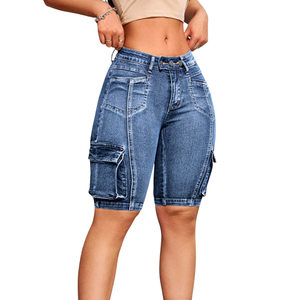 Womens Mid Waist Washed <b>Stretch</b> <b>Denim</b> Cargo Biker Shorts Skinny Fit Multi Pocket Casual Summer Cycling OEM Wholesale Quick Dry - Product Image 1