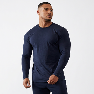 <b>Men's</b> Long Sleeve O-Neck Quick Dry Sporty T-<b>Shirt</b> Slim Fit Solid <b>Navy</b> <b>Blue</b> Knitted 100% Polyester - Product Image 2